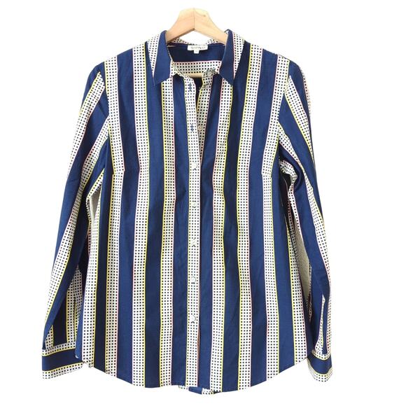 SUNO Women's Striped Dot Button Down Shirt Blue Pink White Long Sleeve 10 $450 - Picture 1 of 7